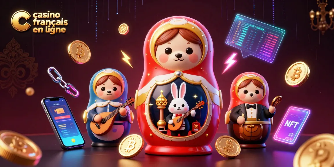 Visualisez un casino français en ligne animé avec des ours et un lapin, entourés d'éléments crypto et de lumière.
