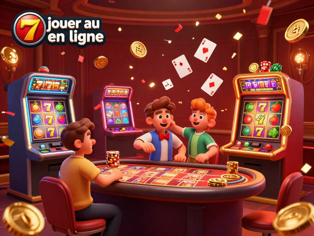 Jouer au casino en ligne avec des jeux animés et des symboles de chance dans un environnement festif.