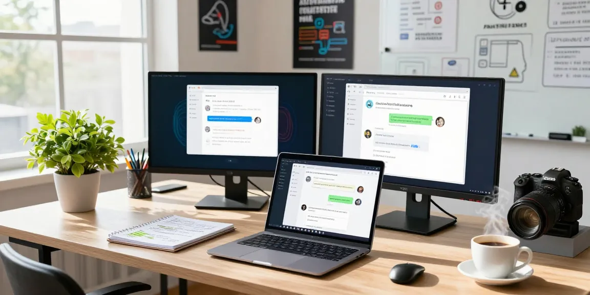 Interactive tech workspace with developer using an AI chatbot on dual monitors, showcasing vibrant creative atmosphere.