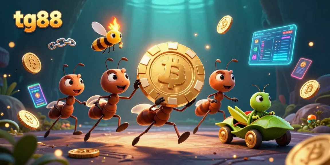 Join the excitement of tg88 with a heist scene featuring cartoon ants amidst vibrant gambling elements.