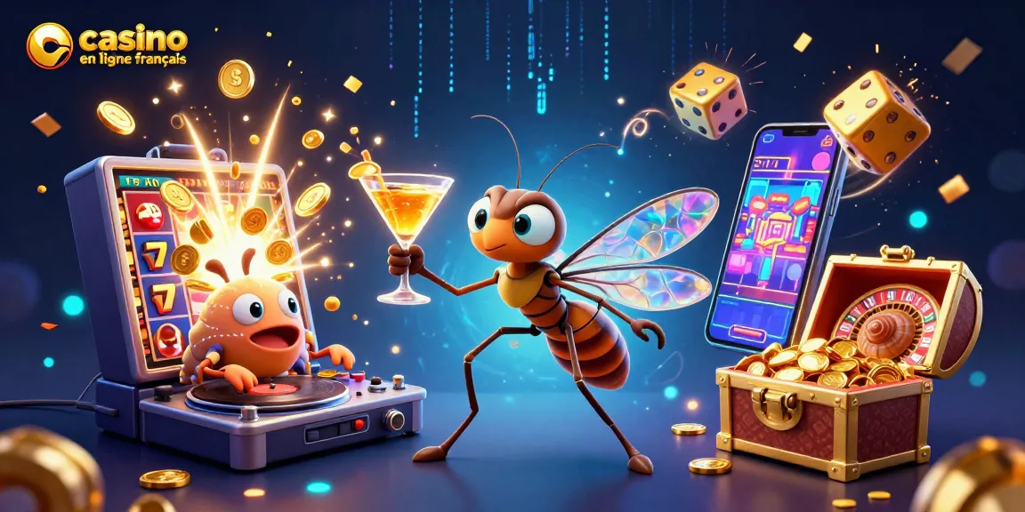 Illustration captivante de casino en ligne français avec un moustique mascotte et des éléments de jackpot.