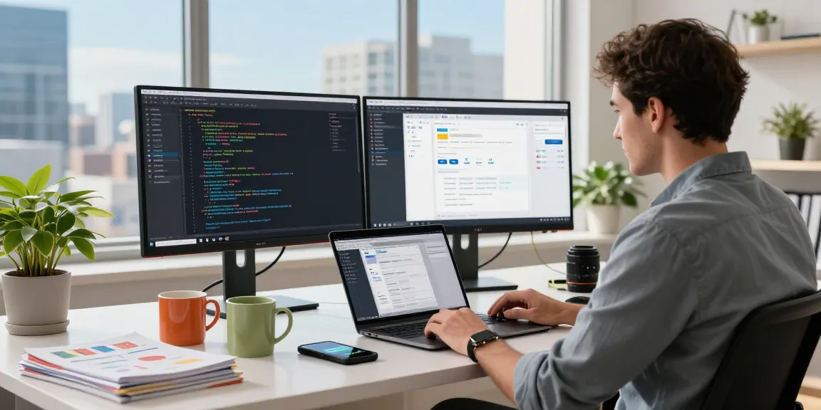 Professional developer at a modern desk using telegramin-cn.com features for coding and collaboration.