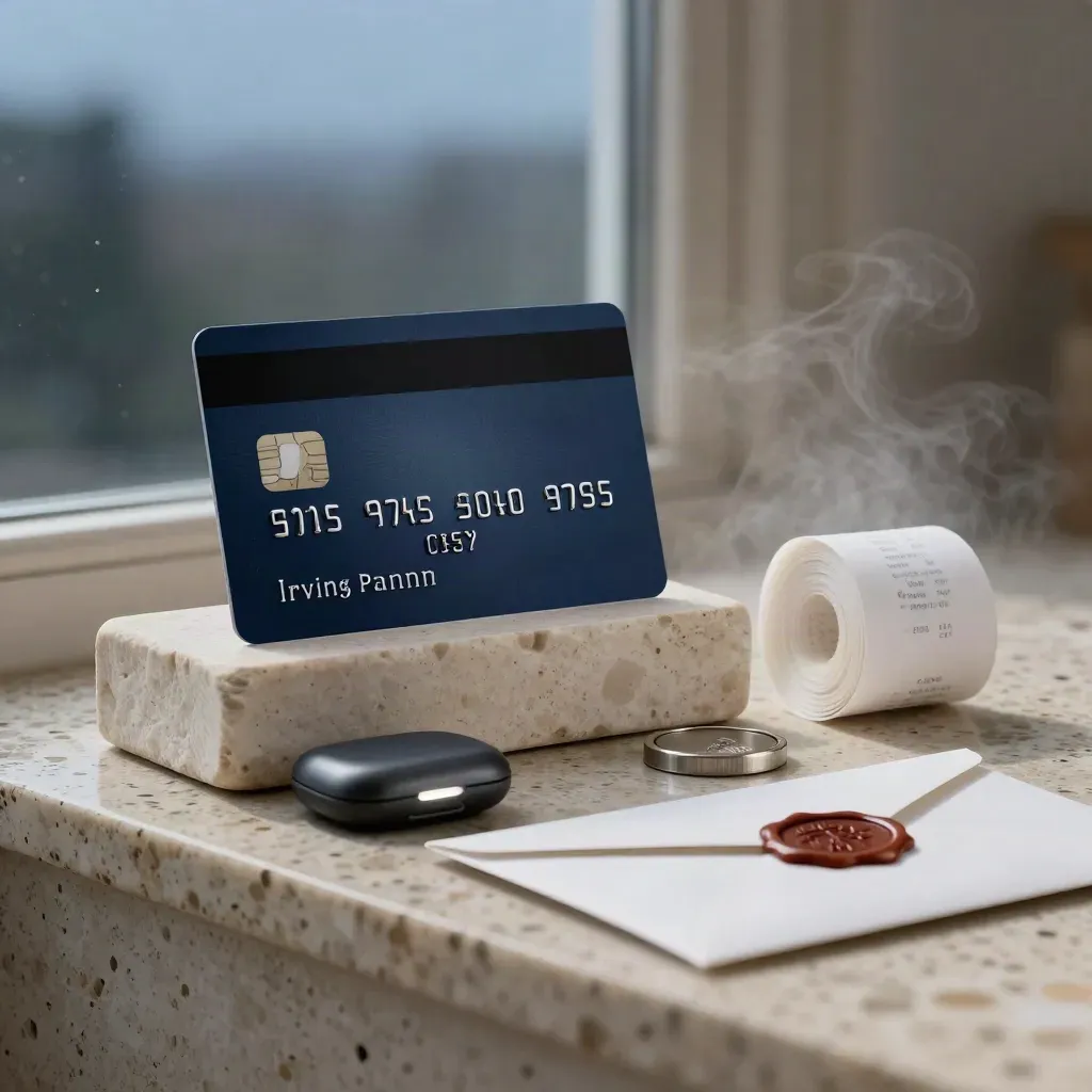 Midnight navy payment card beside reader, receipt roll and transfer envelope on pale stone in blue-hour mist.