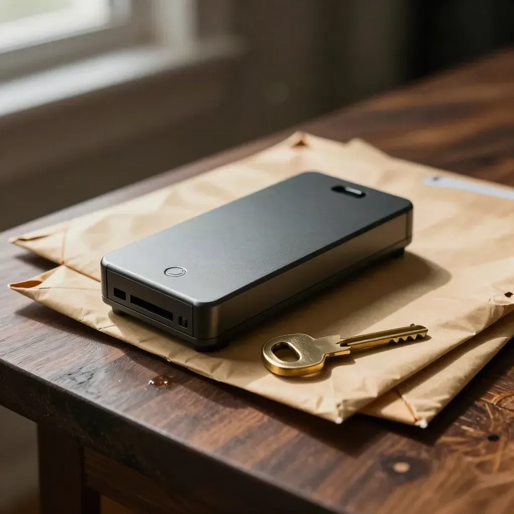 Matte card terminal, brass security key, and sealed kraft mailers on dark walnut