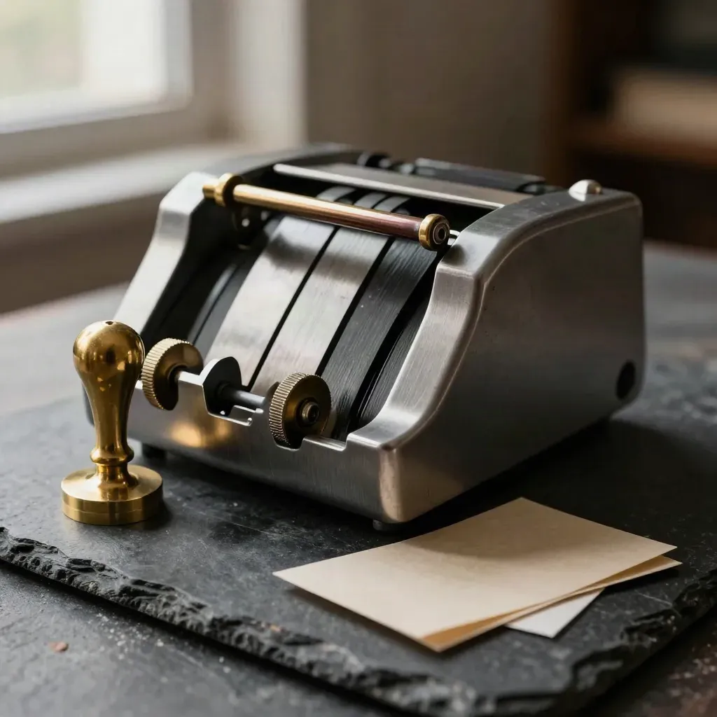 Macro of a mechanical counter, brass audit stamp and reconciliation tabs on dark slate stone.