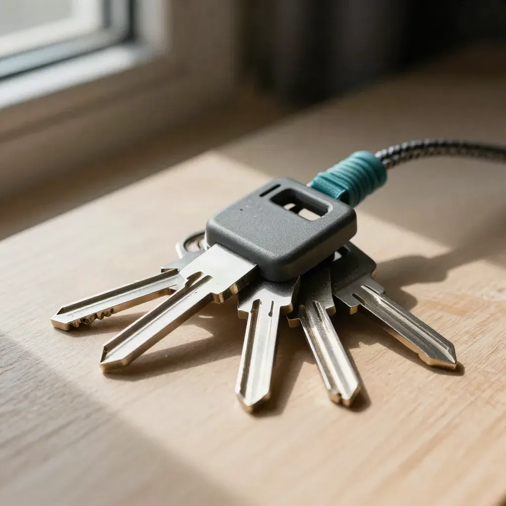 Security keys, connector block, and cable loop on pale wood in a moody macro still life
