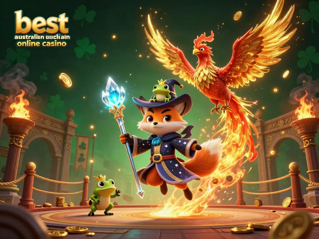 A breathtaking scene from the best australian online casino featuring a wizard fox, phoenix, and enchanted elements.