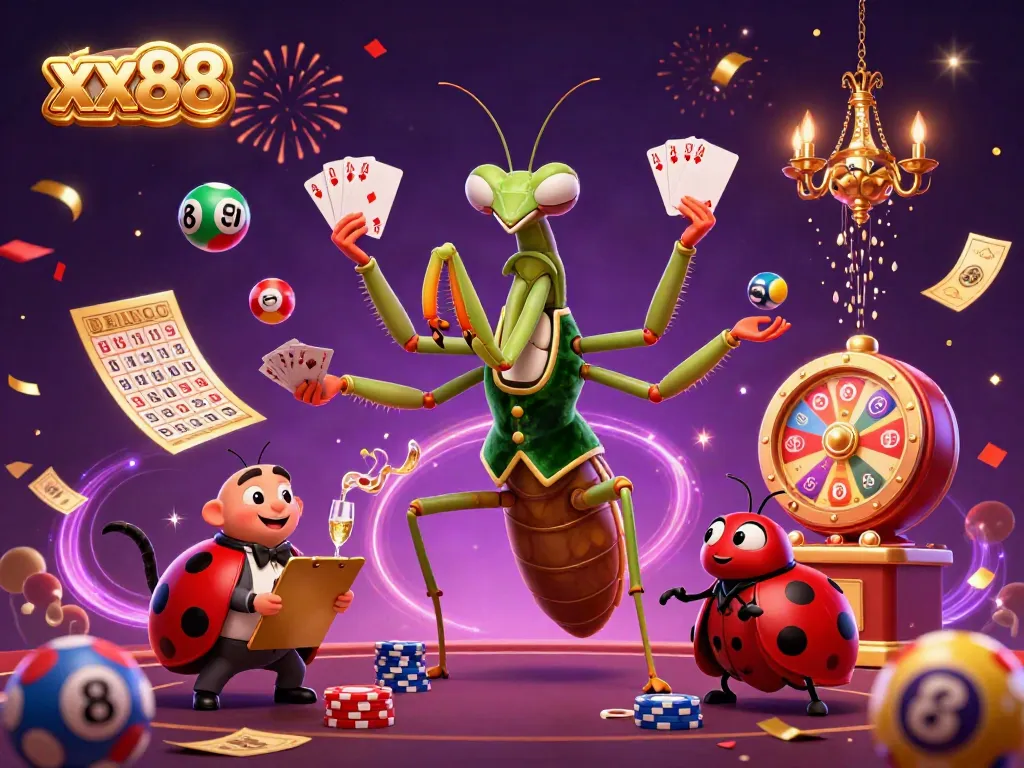 Experience the excitement of xx88 with a giant praying mantis dealer in a vibrant casino scene.
