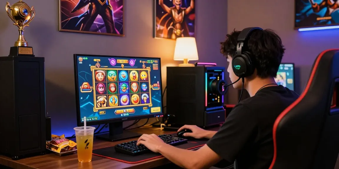 Player immersed in a slot game at raja328 situs with colorful graphics and gaming decor.