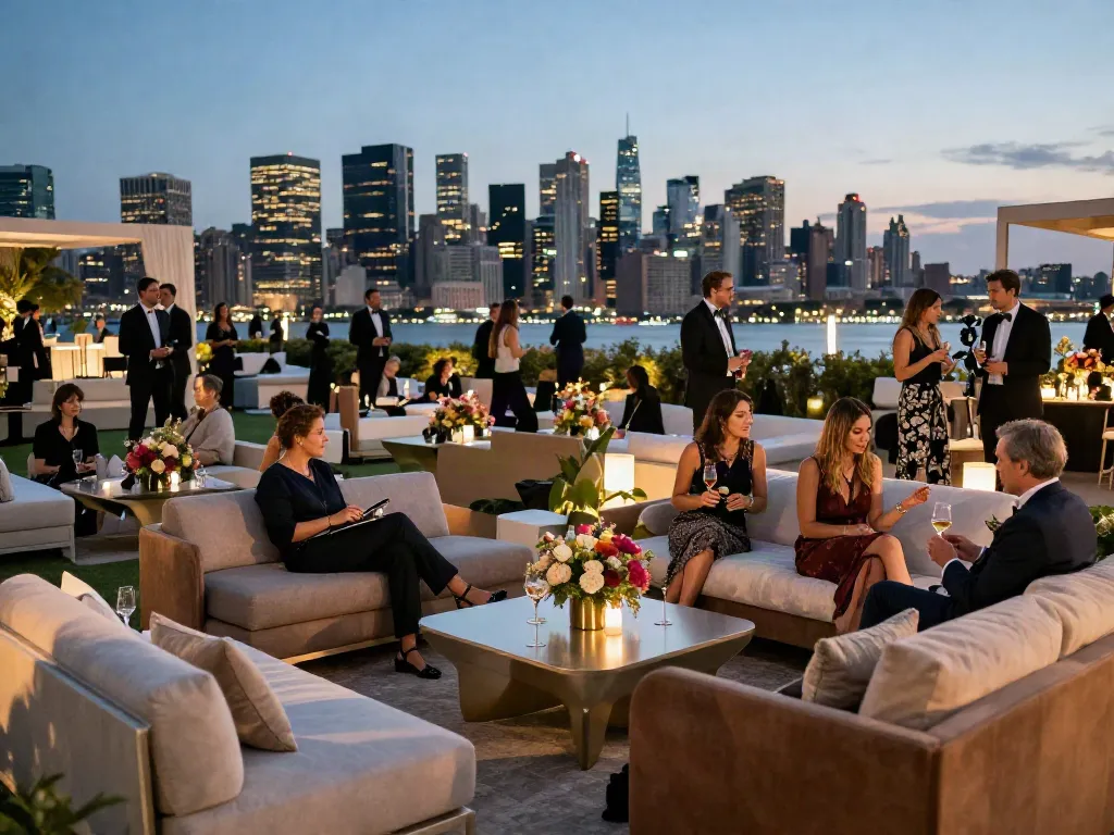 Event furniture rental showcasing elegant lounge setup at a gala event with stylish decor and vibrant atmosphere.