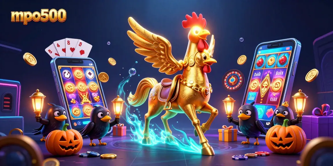 MPO500 delivers exciting gameplay with golden rooster and spooky companions in a vibrant casino.