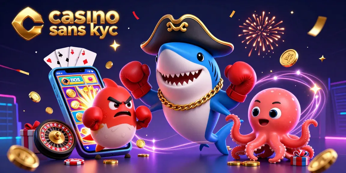 Joueur actif dans un casino sans KYC, profitant de gains sur une machine à sous colorée remplie de pièces d'or et de cartes de jeu.