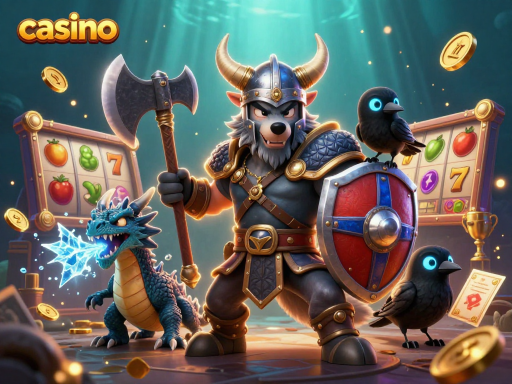 Engaging casino scene depicting Viking warrior, dragon, and raven with dynamic gaming elements.