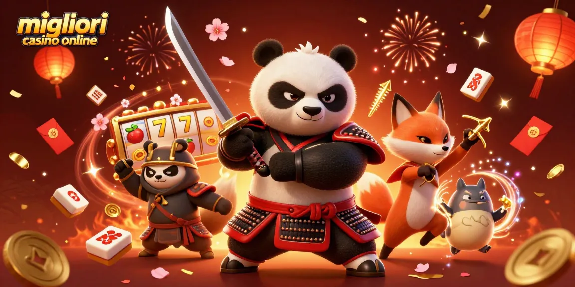 Vivi un'azione emozionante nei migliori casino online con panda samurai e volpe ninja in mezzo a celebrazioni vibranti.