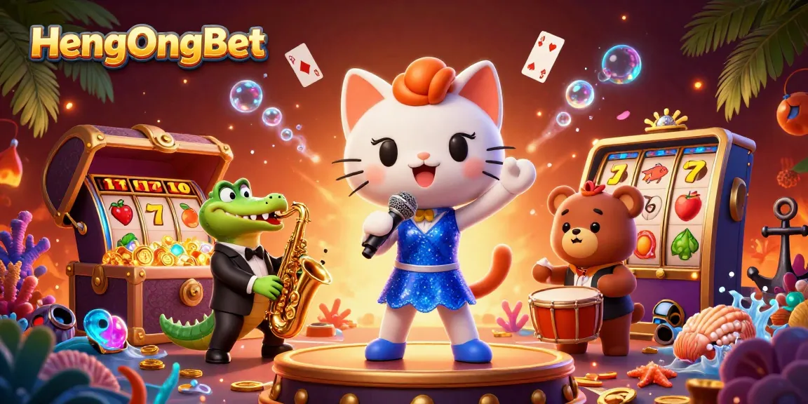 Experience HengOngBet with a vibrant casino scene featuring iconic characters amidst dynamic slots and treasures.