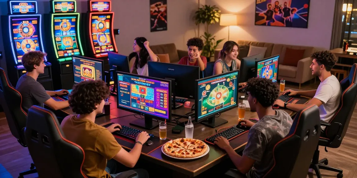 Des amis passionnants profitent des jeux de casino en ligne sur des appareils modernes dans une configuration de jeu animée.