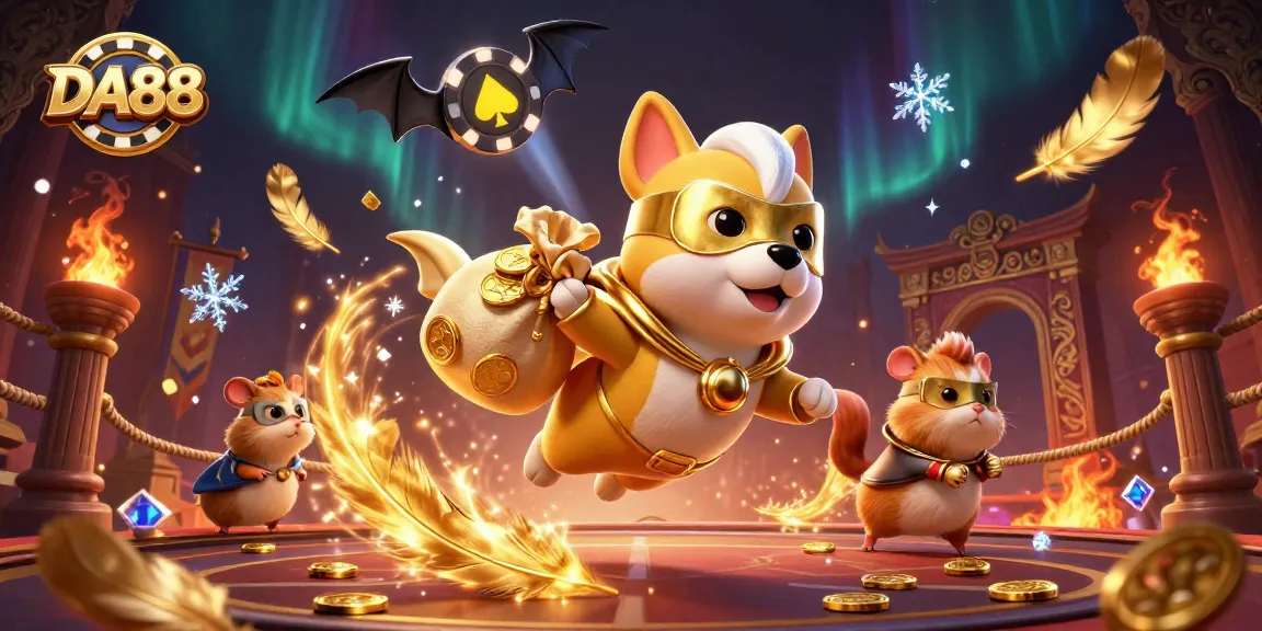 Experience thrilling adventures with DA88 as the superhero dog flies through a vibrant casino-themed world.