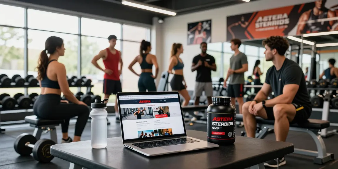 Engaged fitness enthusiasts exploring Astera Steroids Shop for premium performance products in a modern gym.