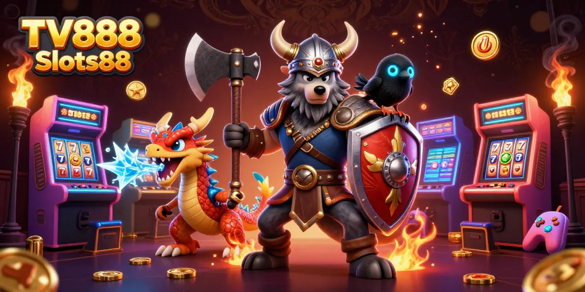 Engage with TV888 Slots88 at an exciting casino scene featuring a Viking wolf warrior and dragon.