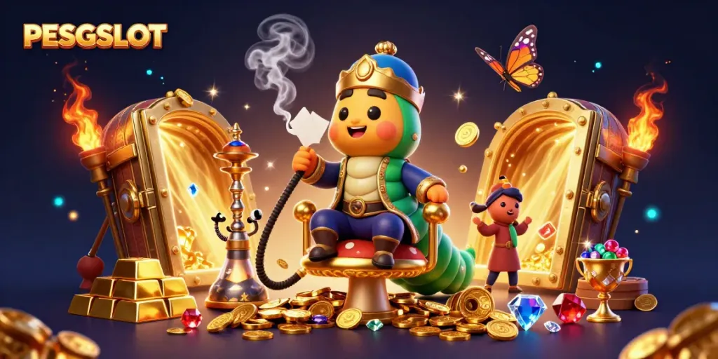 Permainan slot PESGSLOT dengan karakter ulat besar dan harta karun yang memukau.