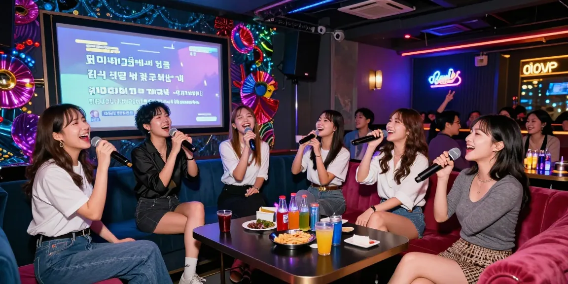Joyous group singing at 강남가라오케 bar, colorful ambient lights and lively atmosphere