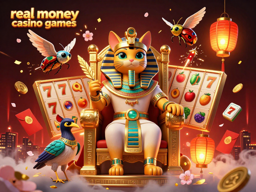 Engage with real money casino games featuring an Egyptian pharaoh cat amidst dynamic slot reels and vibrant elements.