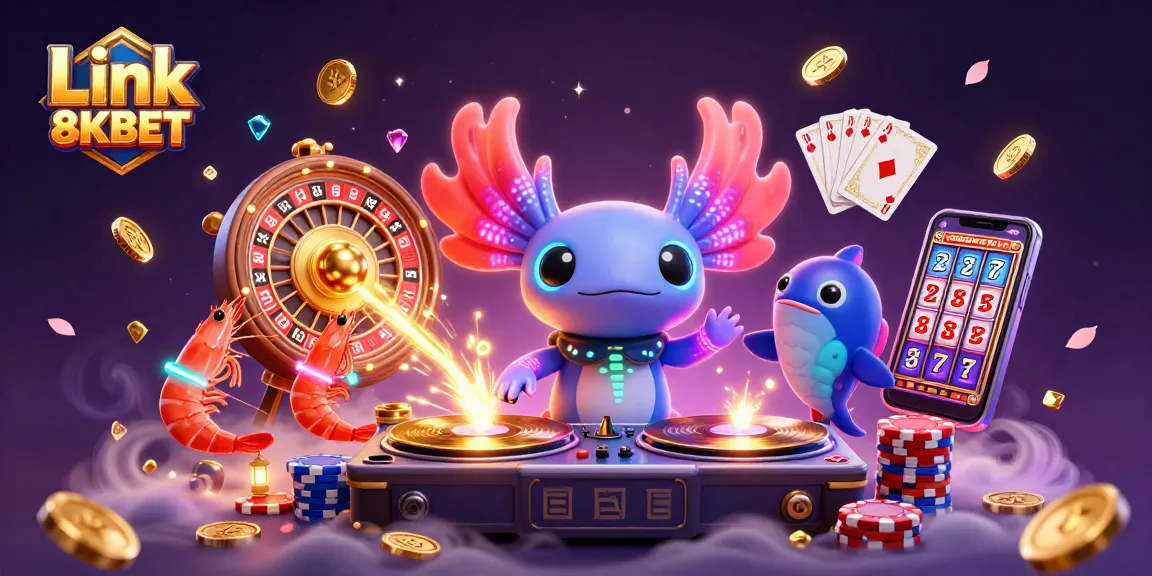 Experience thrilling gameplay with Link 8KBET in this vibrant, colorful online casino illustration.