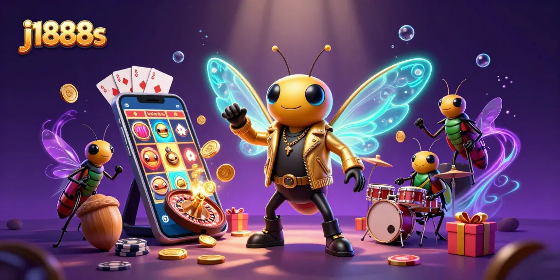Experience vibrant gaming action with j1888s featuring a cartoon cicada rock star amidst colorful casino elements.