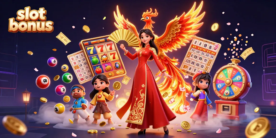 Experience thrilling slot bonus action with a radiant woman and a phoenix amidst vibrant casino elements.