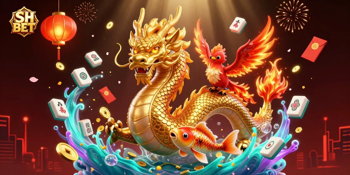 Engage in exciting games at SH BET with vibrant visuals of a fierce dragon, phoenix, and koi fish amidst a dynamic casino atmosphere.