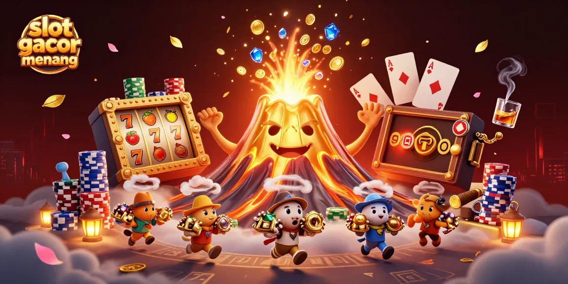 Engage with slot gacor gampang menang in a vibrant 3D scene featuring a golden volcano, treasures, and gaming elements.