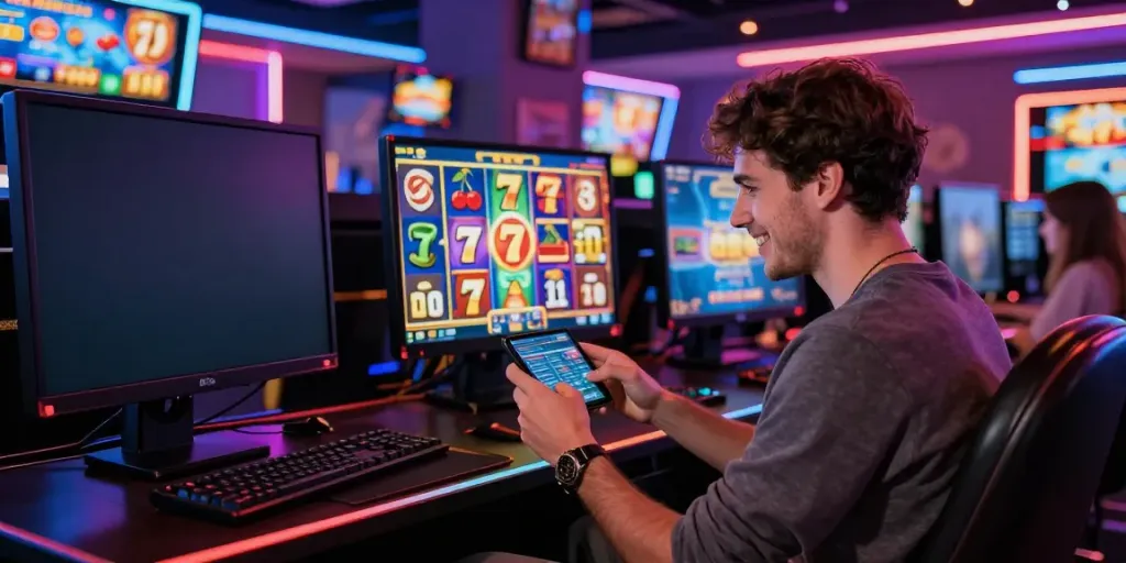 Excited player engaging with server thailand's slot games on mobile device, vibrant neon casino atmosphere.