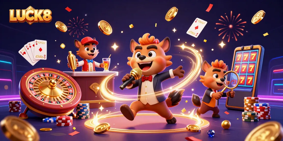 LUCK8 presents a vibrant casino scene with hyenas enjoying gaming and comedy.