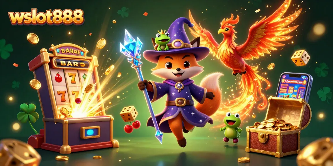 Jelajahi wslot888 dengan slot mesin 3D yang kaya simbol keberuntungan dan momen ajaib di latar belakang berkilau.