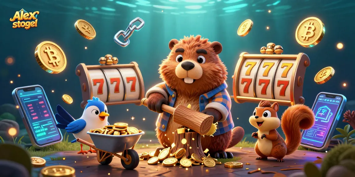 Experience Alexistogel with a 3D scene featuring a beaver collecting gold coins and lucky symbols.