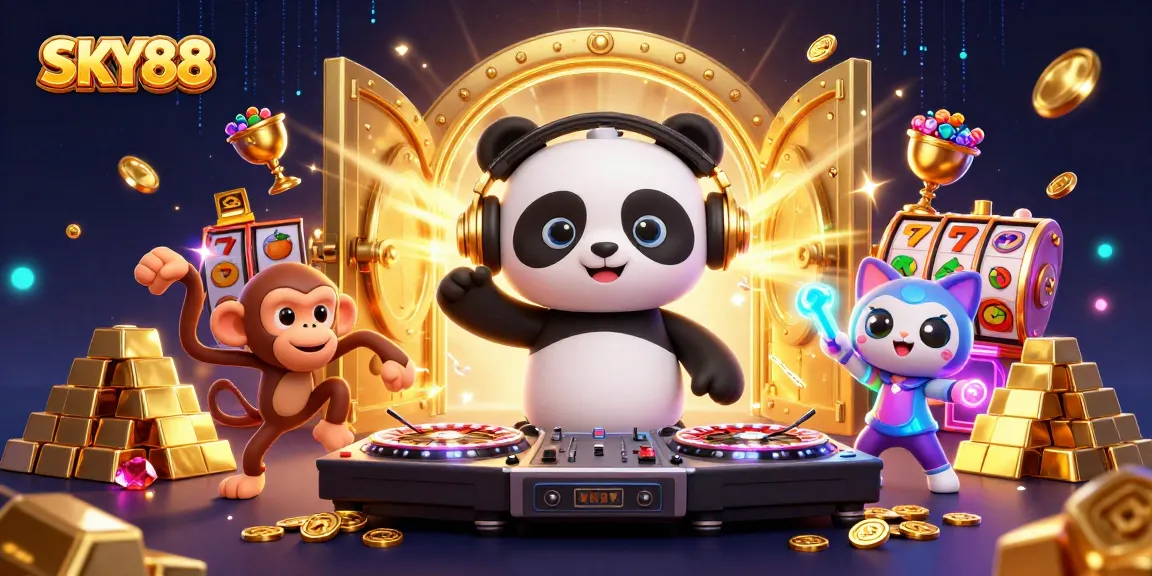 Engage in thrilling gambling action with SKY88 featuring a vibrant 3D DJ panda and sparkling slot elements.