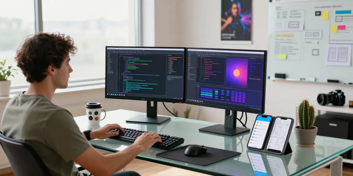 Developer in a tech workspace using 纸飞机中文版 for communication and project collaboration.