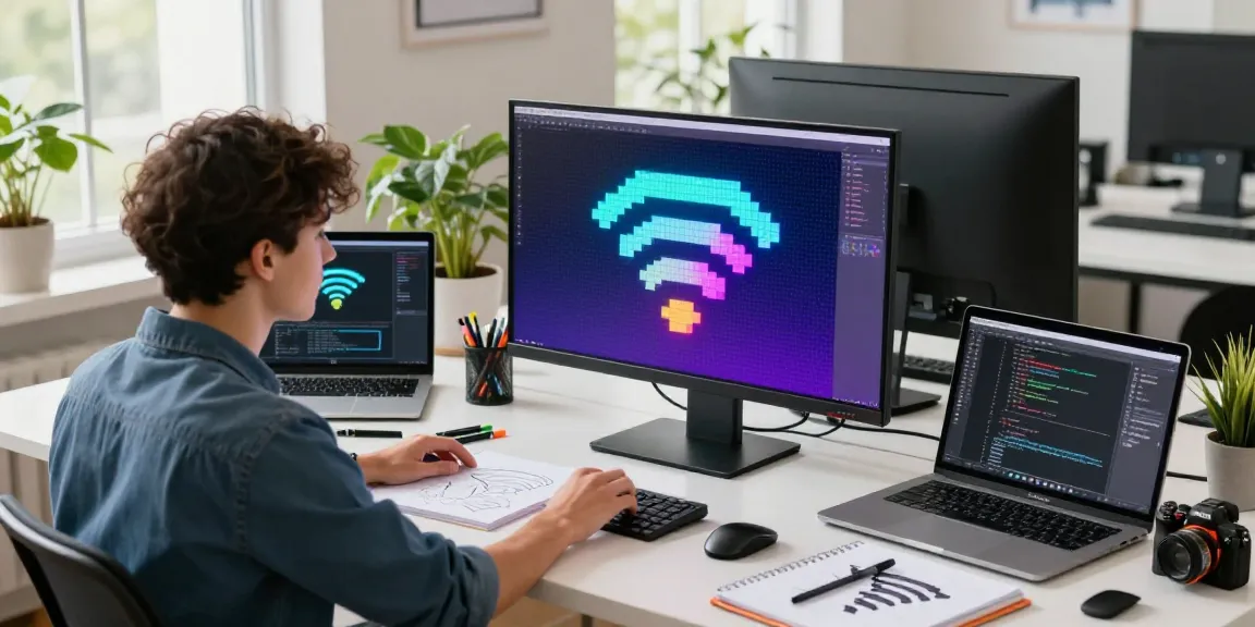 Vibrant WiFi pixel display showcasing creative pixel art in a modern workspace atmosphere.
