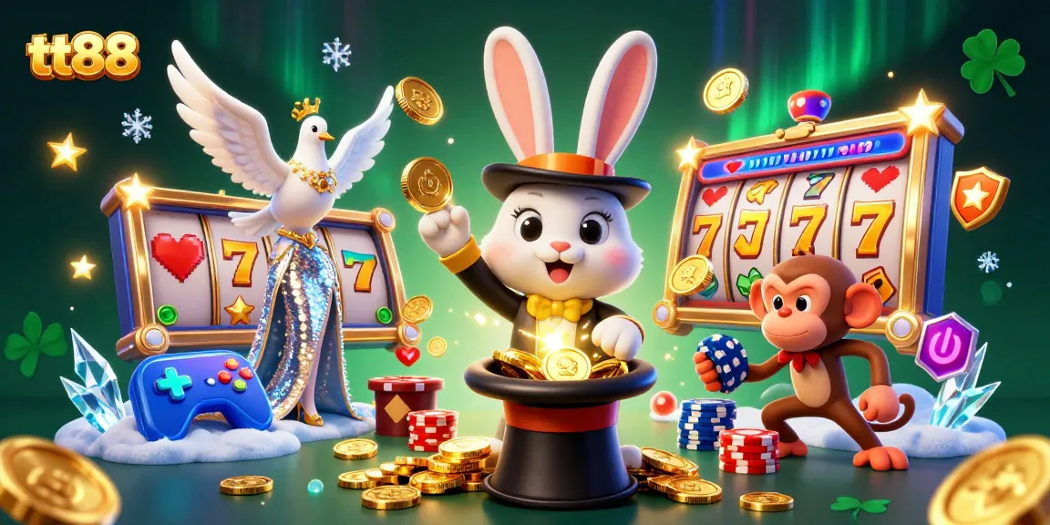 Experience thrilling jackpots with tt88 as a magician rabbit conjures winning coins amidst vibrant casino scenes.