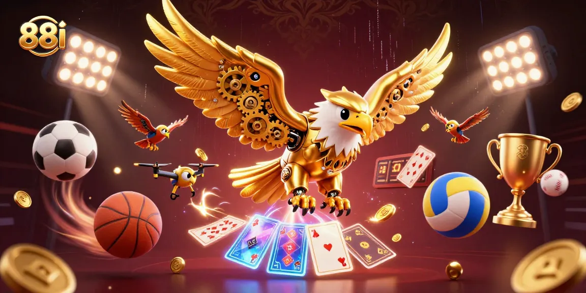 Experience thrilling wins at 88i with a dynamic casino scene featuring golden eagle and sports elements.