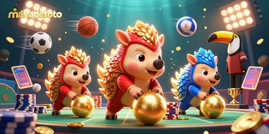 Engaging scene of manadototo featuring rival pangolins bowling through poker chips, highlighting vibrant casino elements.