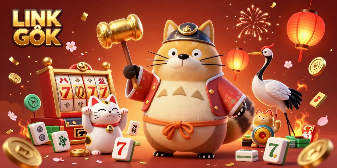 Experience the excitement of LINK GỐC as the tanuki celebrates winning with lively slot reels and festive decorations.