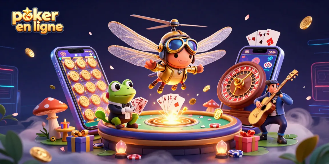 Jouez à poker en ligne avec ce pilote libellule et un croupier grenouille, un vrai moment de style et de stratégie.