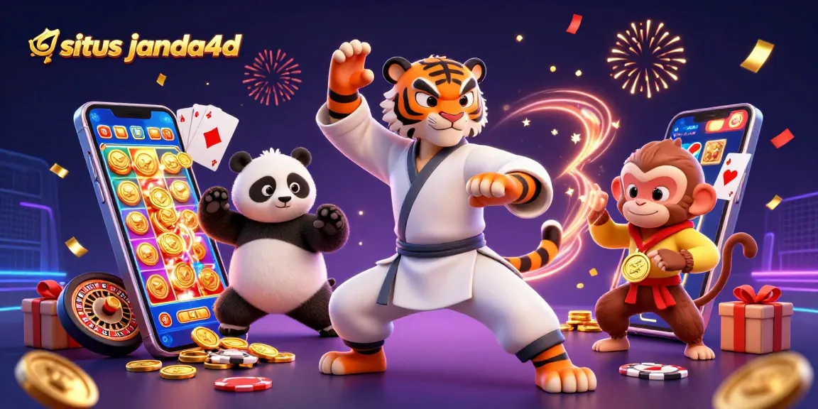 Situs janda4d menghadirkan ilustrasi kasino 3D dengan singa kung fu dan elemen permainan slot yang menyenangkan.