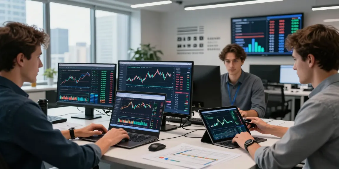 Real-time Forex API development scene featuring algorithmic forex data API in a high-tech office.