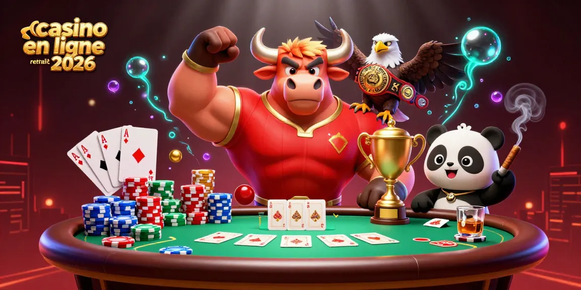 casino en ligne retrait rapide 2026 : illustre un taureau 3D en victoire parmi des éléments de poker et des lumières captivantes