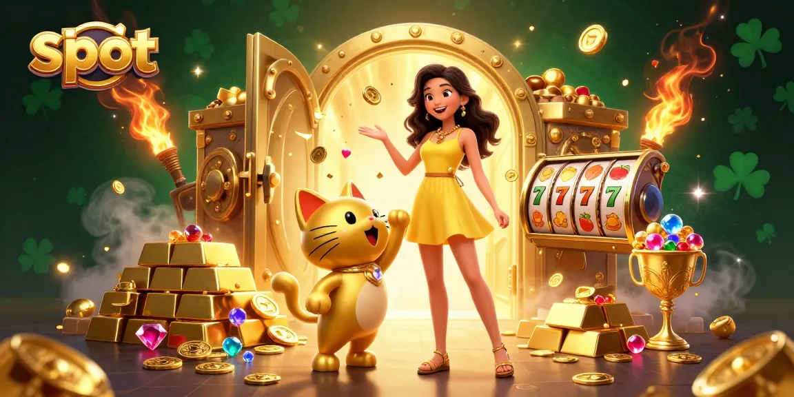 Spin winning slots with a joyful Asian woman and charming lucky cat in a vibrant casino scene.