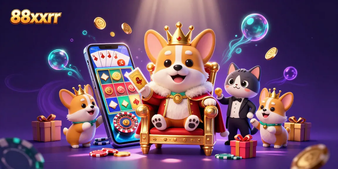 Engage with 88xxrr as a royal corgi leads an extravagant casino scene filled with gold coins and vibrant slot games.