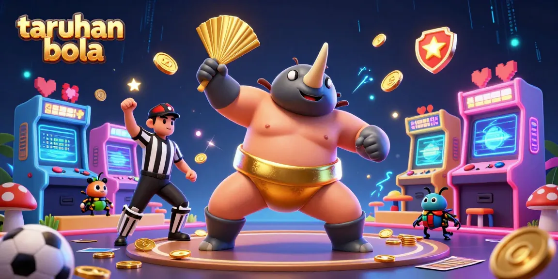 Experience taruhan bola excitement with a beetle champion amidst flying coins and vibrant game elements.