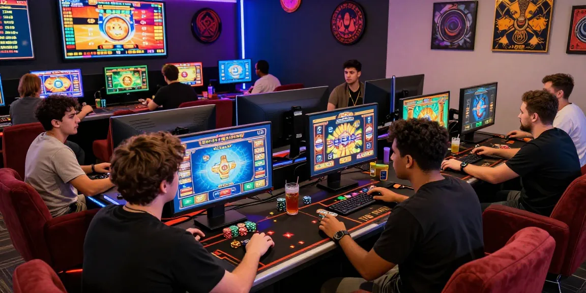 Engaged players enjoying situs slot games in a lively online gaming environment with vibrant decor.